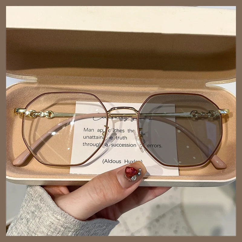 New Anti-blue Photochromic Myopia Finished Glasses Polygon Anti-ultraviolet Near-sight Eyeglasses Ultralight Vintage Glasses