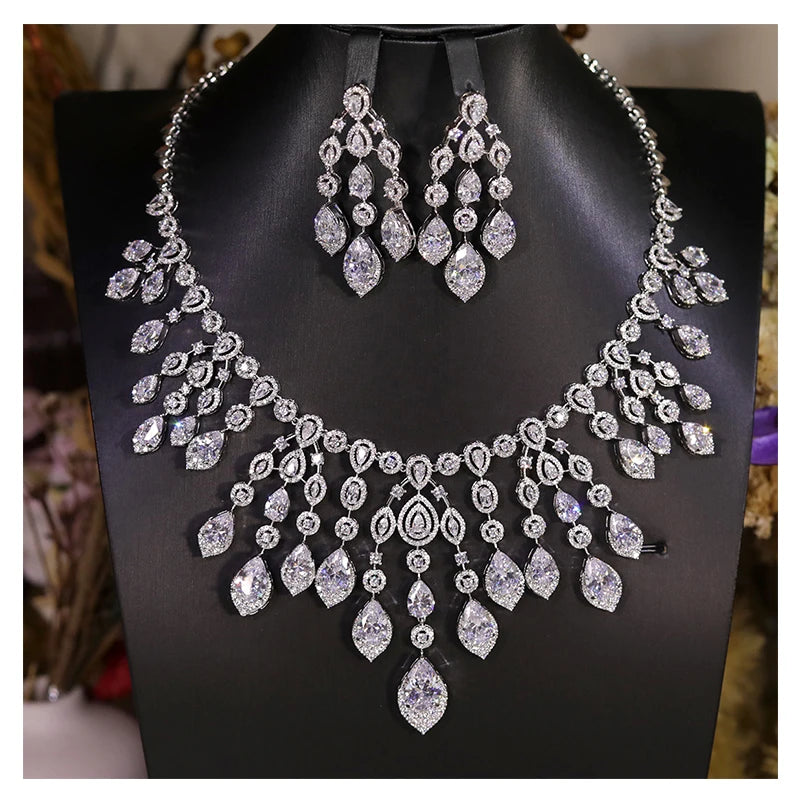 Luxury 2PCS Indian Bridal Jewelry Set For Women Wedding Party Tassel Pendant Zircon Dubai Indian jewelry Sets X0617