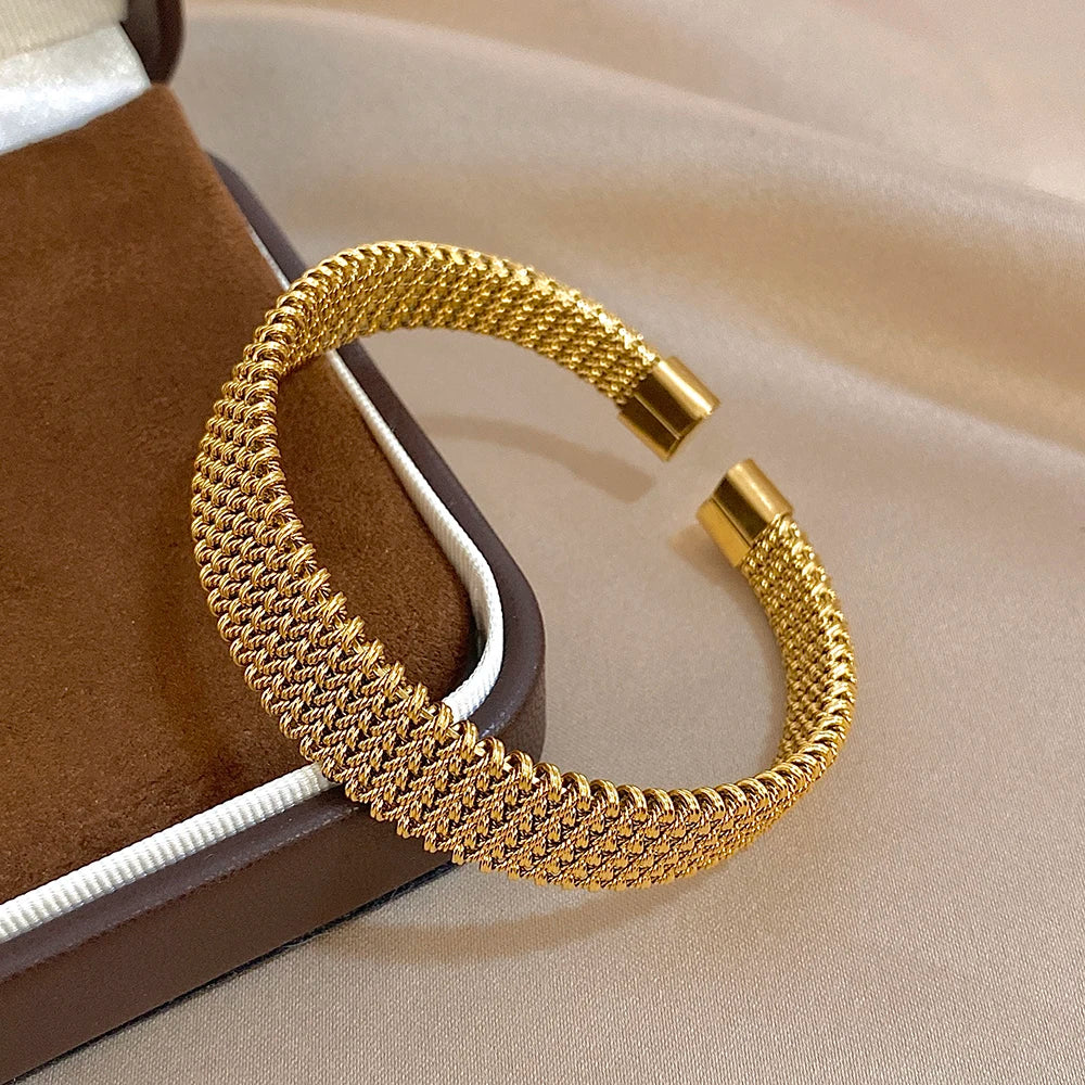 Vintage Golden Stainless Steel Weave Bracelet for Women Men Trendy 5 7 10 14mm Size Chunky Bangle Bracelets Waterproof Jewelry