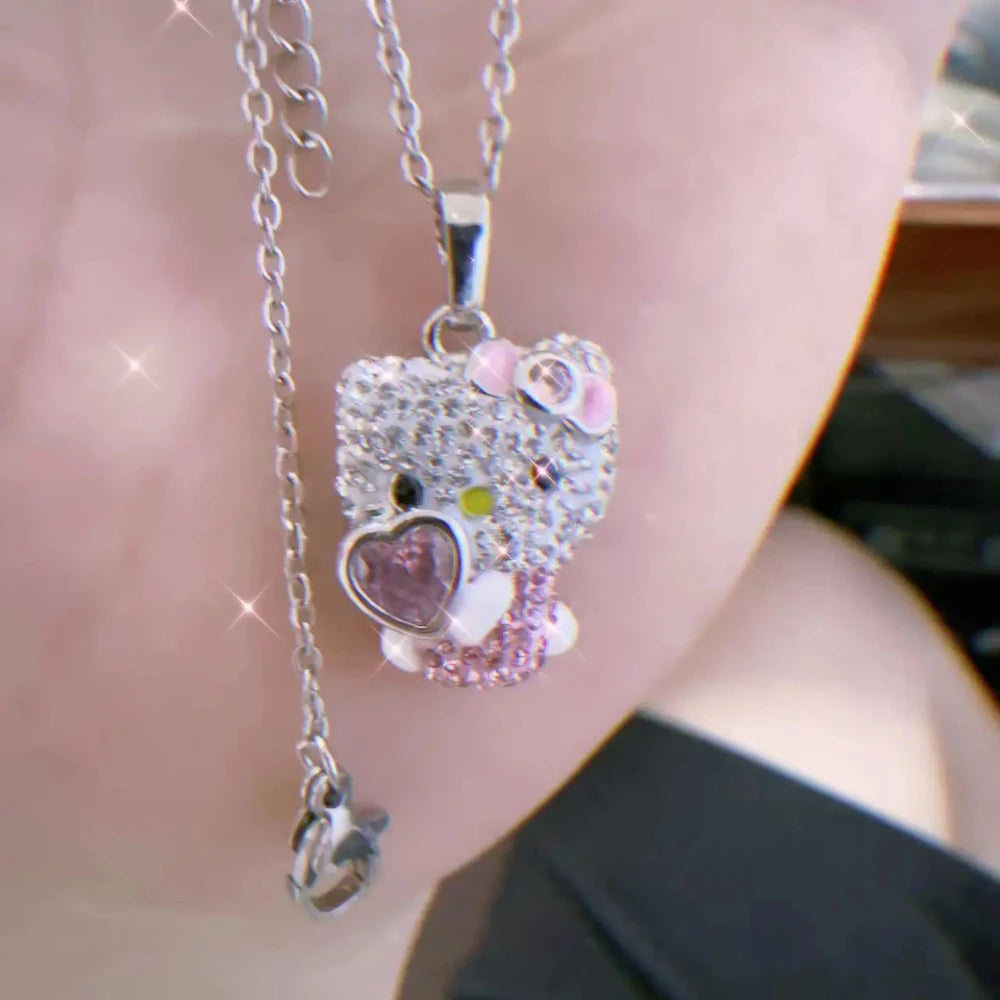 Sanrio Hello Kitty Necklace Anime Character Pink Peach Heart Crystal Cat Push-Pull Bracelet Pendant Couple Decoration Girl Gift
