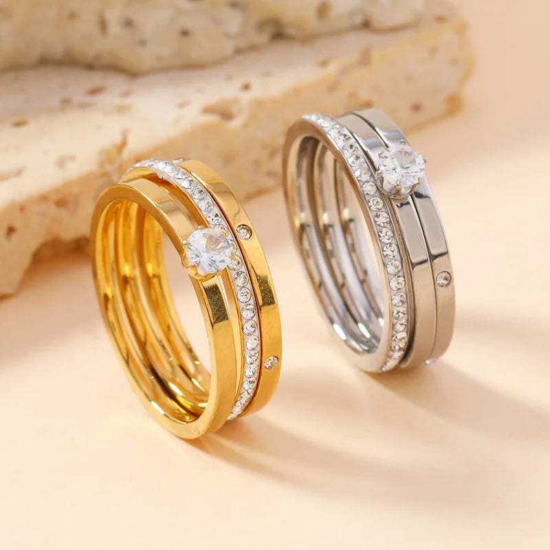 Luxury Stainless Steel Ring For Women Three-Piece Set Zircon Classic Fashion Finger Accessory Jewelry Female Gifts Wholesale