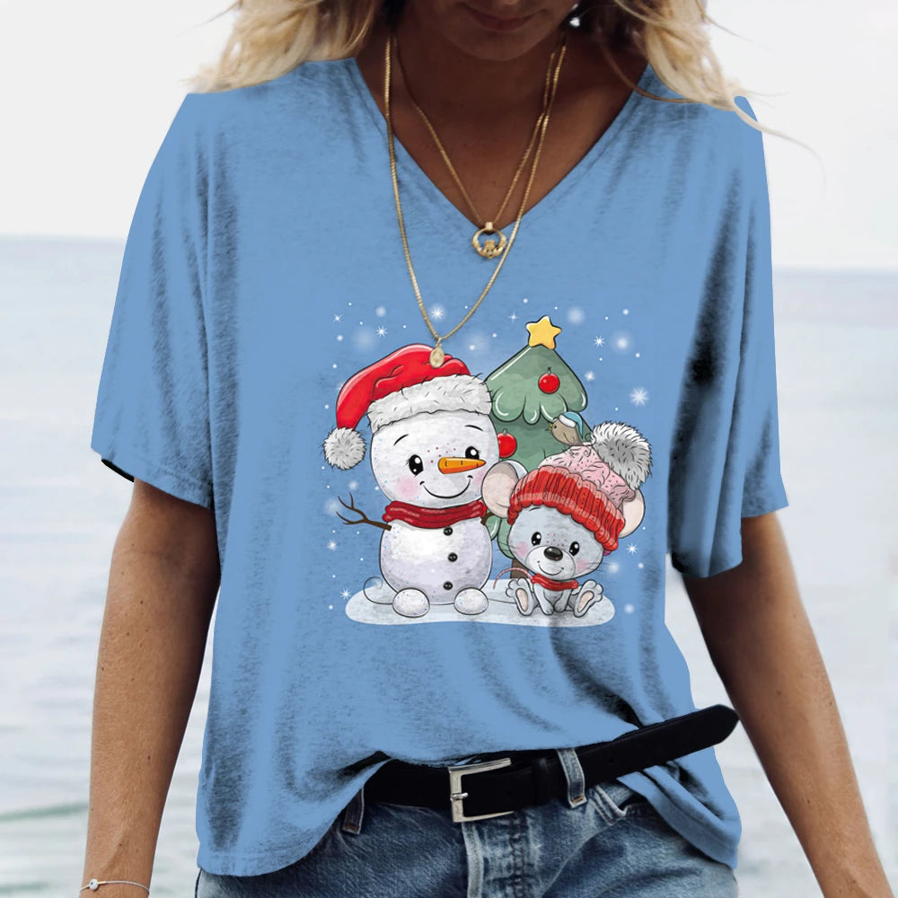 Merry Christmas Women's Short sleeved V-neck T-shirt Christmas Tree Santa Claus Letter Print Simple Trendy Trend Women Clothing