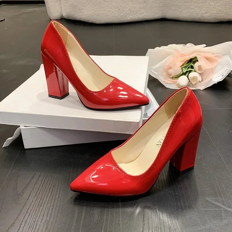 Square Heels Pumps Women Shoes Patent Leather Sexy Wedding Party Official Leisure Super Big Szie 2024