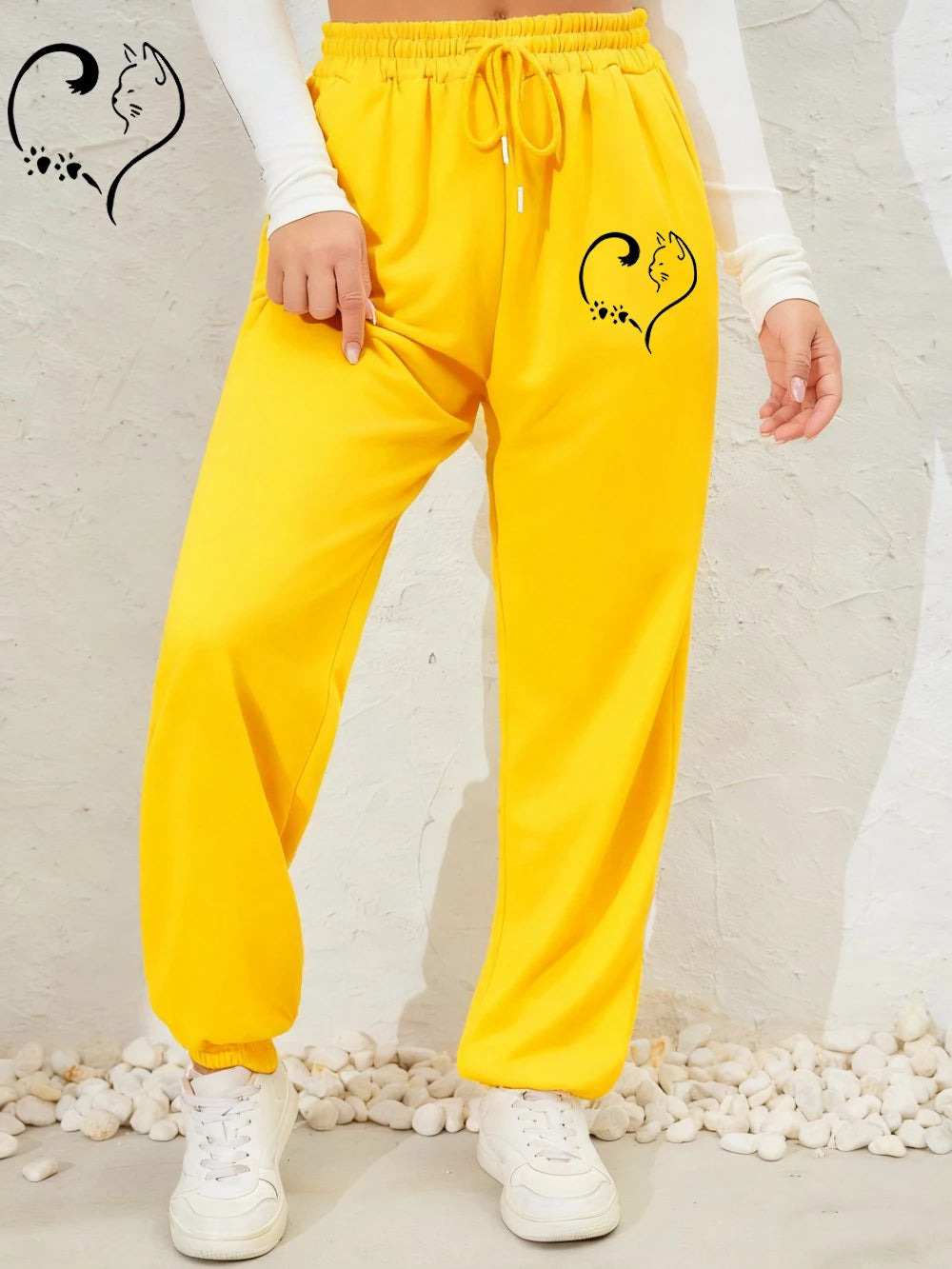 Cat Heart Prints Sweatpants Womens Autumn Winter Jogger Pants Elastic Waist Comfortable Loose Trousers Trend Womans Clothing
