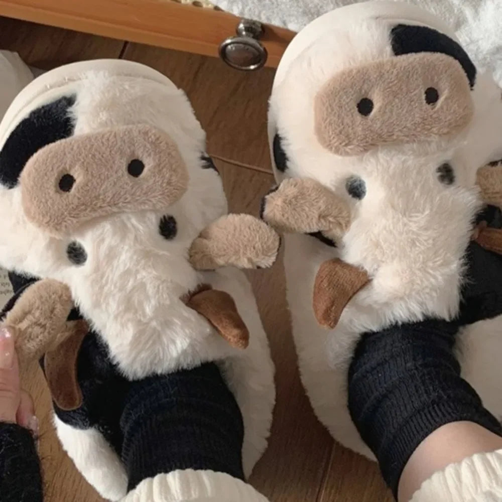 New Winter Neutral Cartoon Cow Warm Plush Slippers for Couples,Indoor Anti Slip Home Slippers for Men Women,Home Cotton Shoes