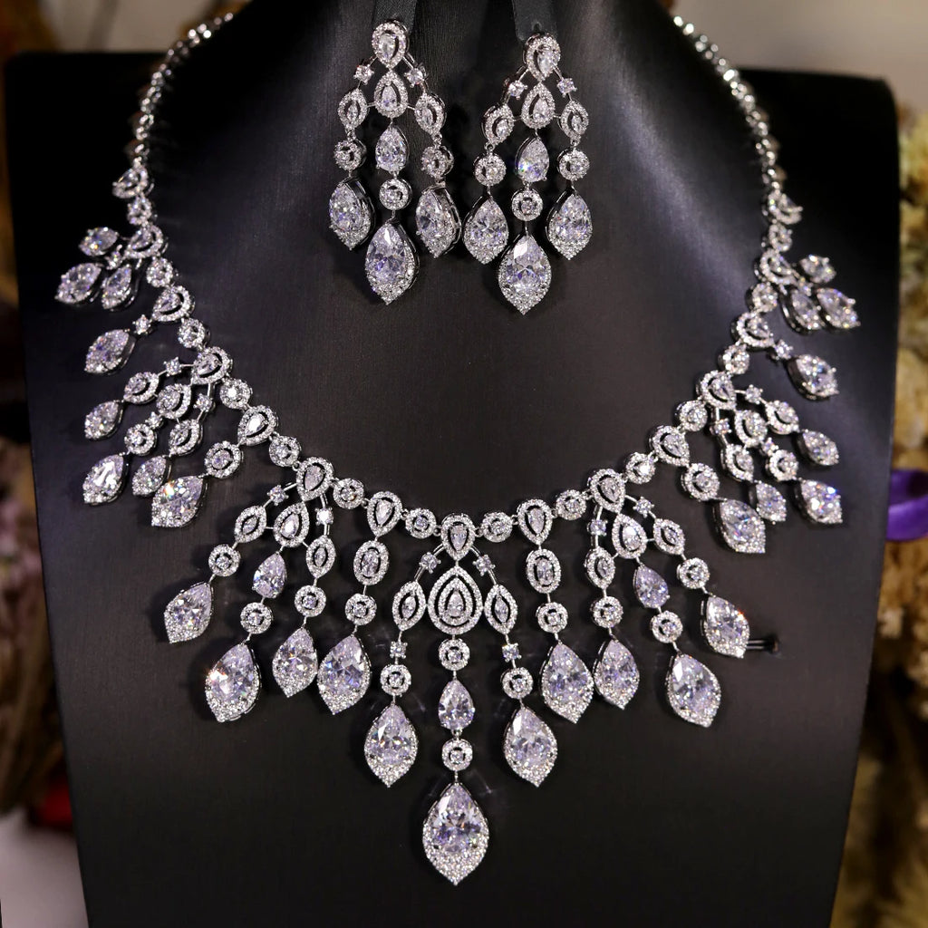 Luxury 2PCS Indian Bridal Jewelry Set For Women Wedding Party Tassel Pendant Zircon Dubai Indian jewelry Sets X0617