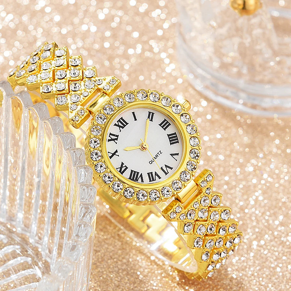 Fashion Luxury Women Gold Watch Bracelet Necklace 6Pcs Set Ladies Diamond Quartz Wristwatch Valentine's Day Mother's Day Gift