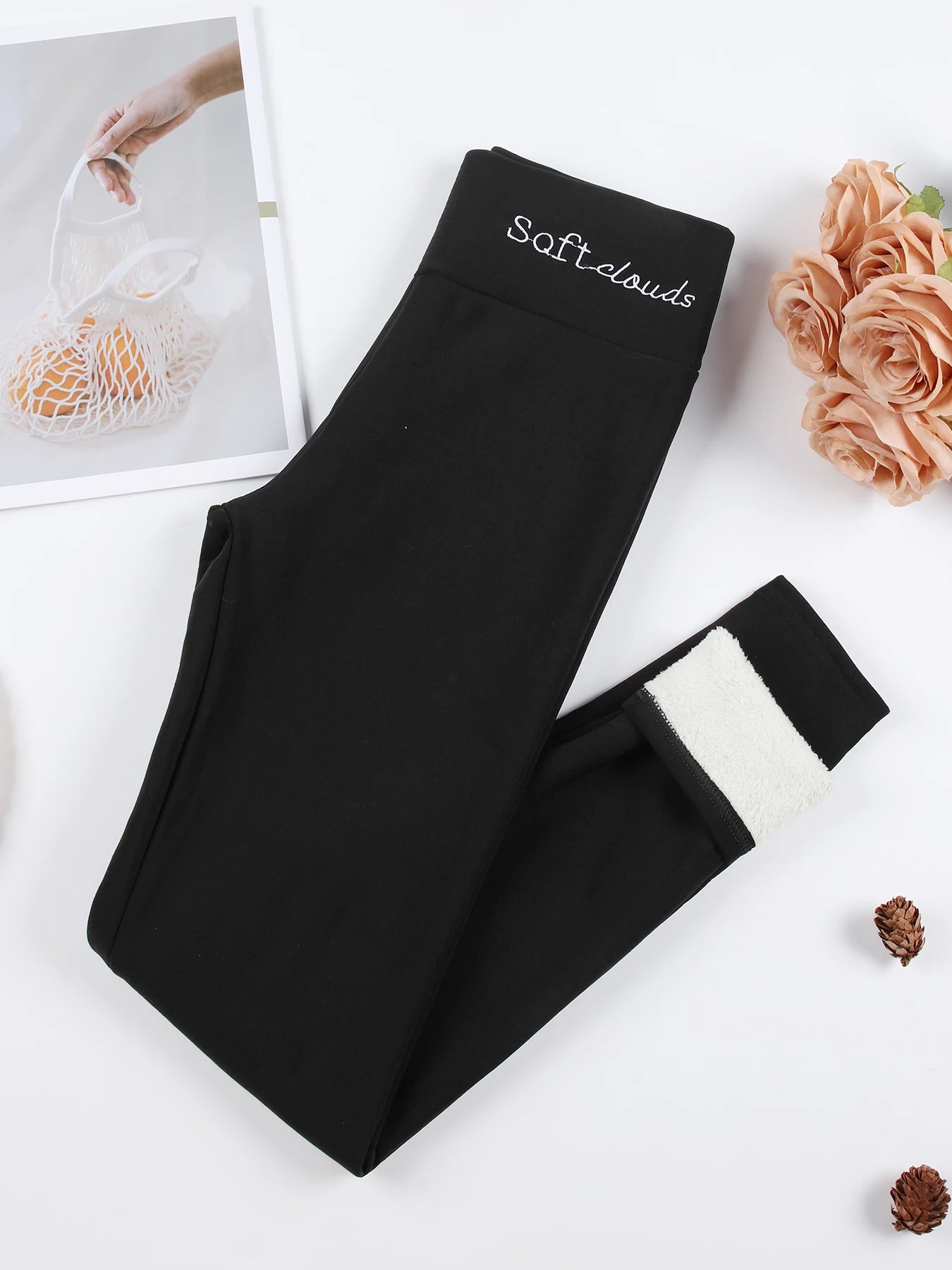 Women Plush Lined Warm Embroide Leggings For Women Fashion Thick High Waist Skinny Long Pants Perfect For Winter Sports, Fitness