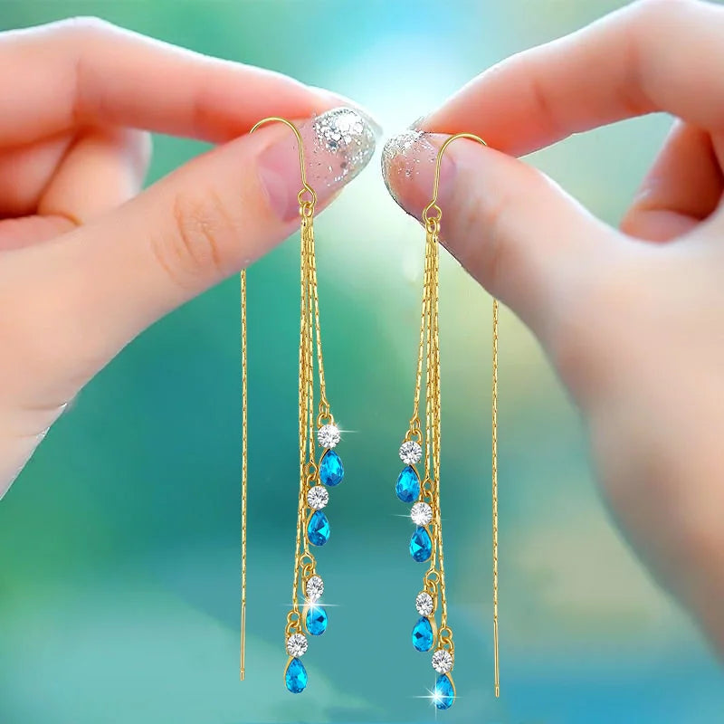 Luxury Temperament Green Zircon Drop Earrings For Women Korean Fashion Long Tassel Rhinestone Earring Wedding Party Jewelry