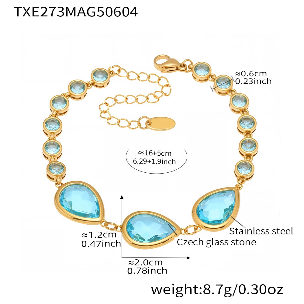 Colorful Waterdrop Stainless Steel Necklace for Women Luxury Czech Glass Gold Plated Cuff Open Bangle Charm Jewelry