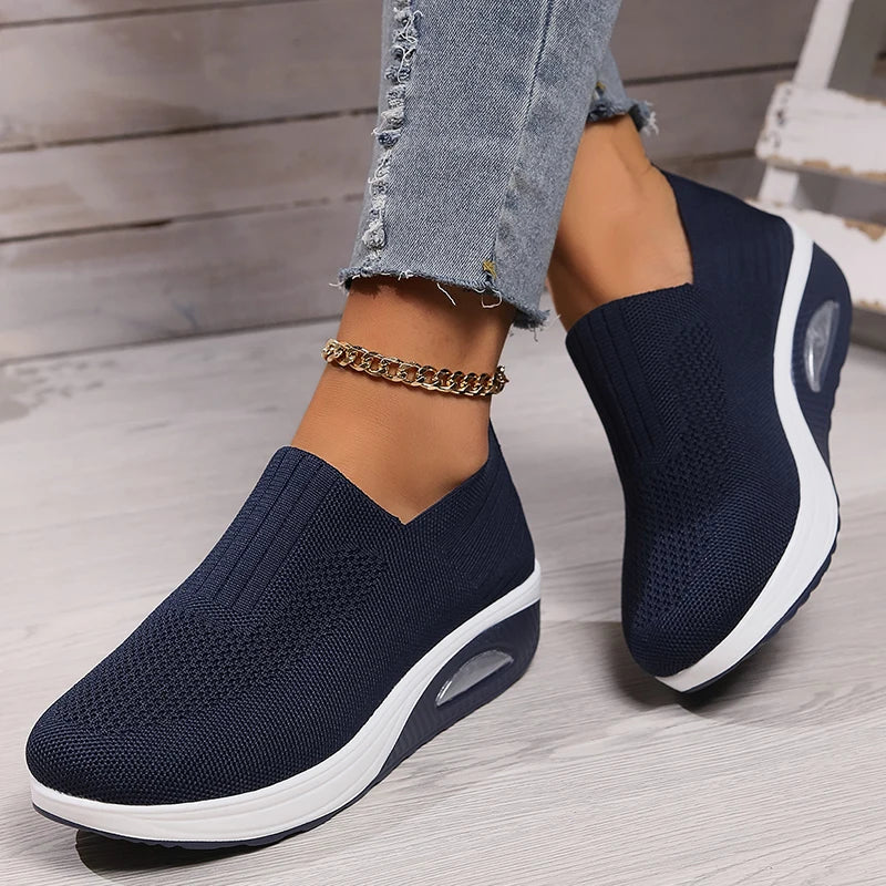 Breathable Knit Wedges Sneakers Woman Spring Autumn Slip On Platform Sport Sneakers Woman Plus Size Thick Sole Walking Shoes