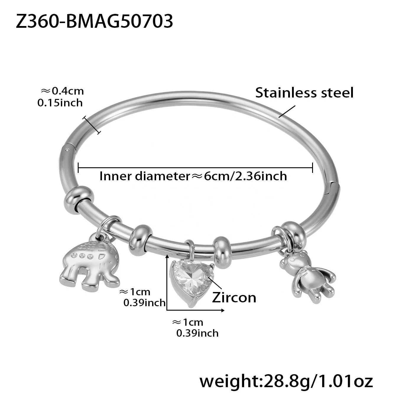Nivora Stainless Steel Little Bear Heart Zircon Elephant Drop Pendant Bangles For Women Wrist Wedding Fashion Bracelets Jewelry