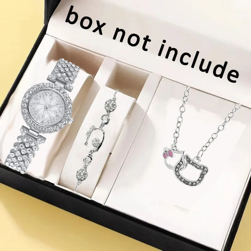 3 PCS/Set Sanrio Luxury Women Diamond Rhinestone Fashion Elegant Wristwatch Quartz Watch Hello Kitty necklace bracelet For Girl