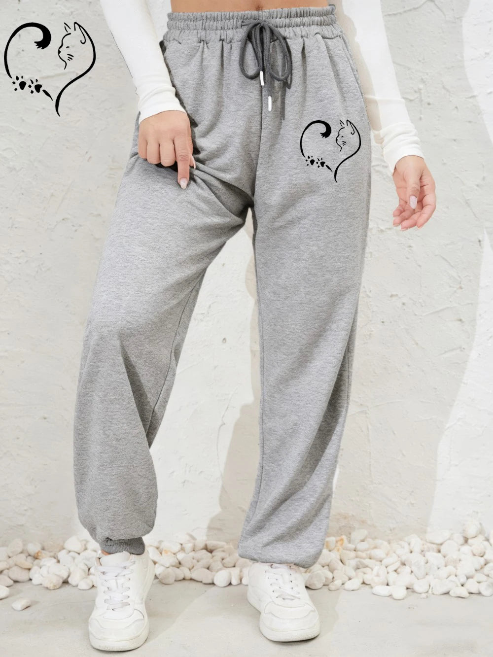 Cat Heart Prints Sweatpants Womens Autumn Winter Jogger Pants Elastic Waist Comfortable Loose Trousers Trend Womans Clothing