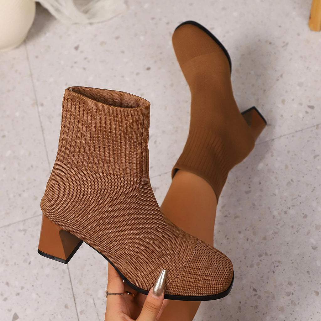 Women Boots Pointed Toe Slip on Mid-Calf Boots Spring Autumn Knitted Socks Boots Women High Heels Plus Size Fashion Shoes Women