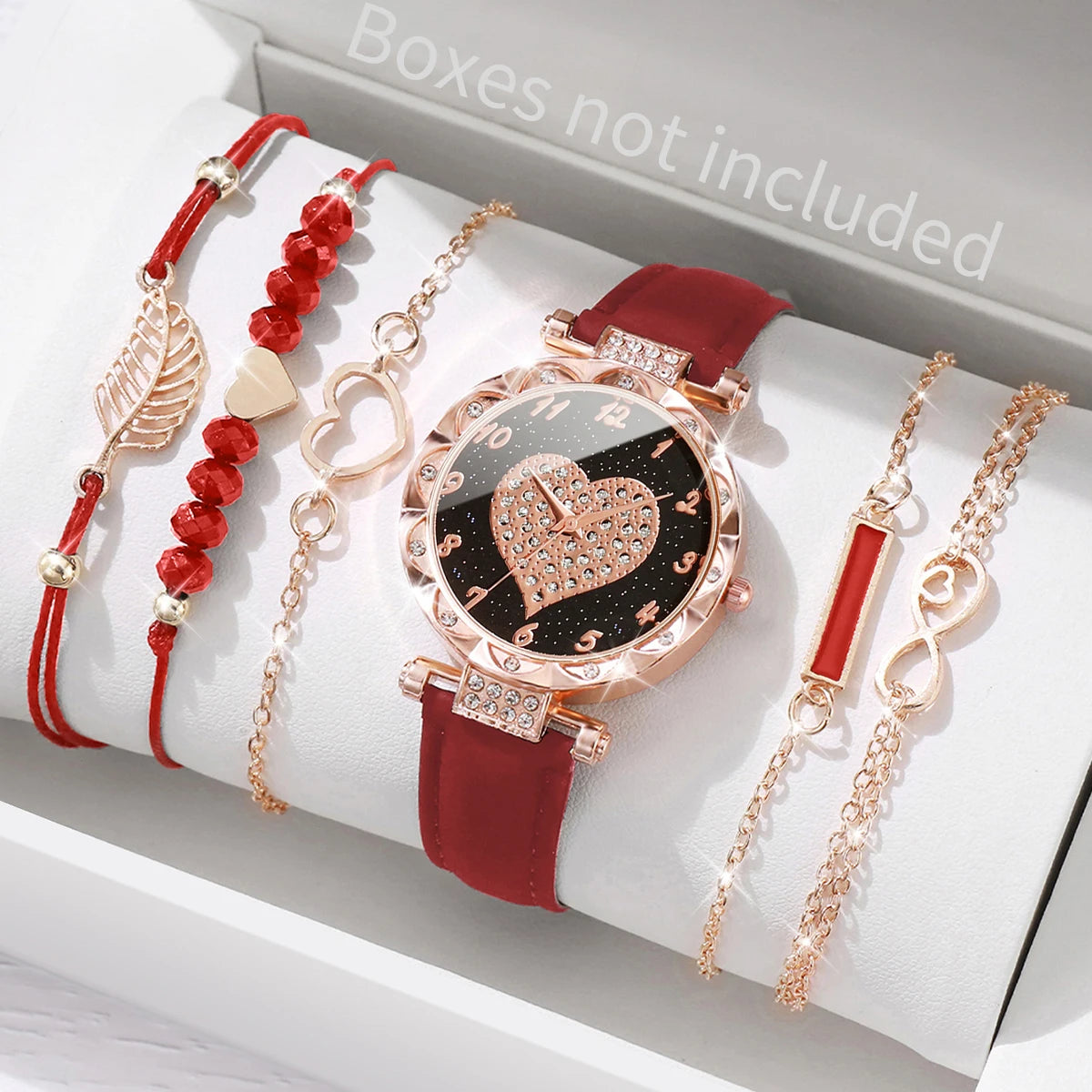 6PCS/Set Women's Watch Fashion Roma Heart Dial Leather Band Quartz Watches Leaf Bracelets Set(Without Box)