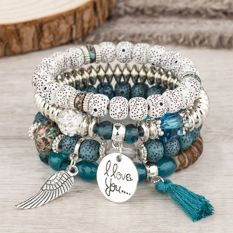 4Pcs Bohemian Beaded Bracelet Set For Women I Love You Letter Round Wing Tassel Charm Elastic Chain Bangle Girls Boho Jewelry