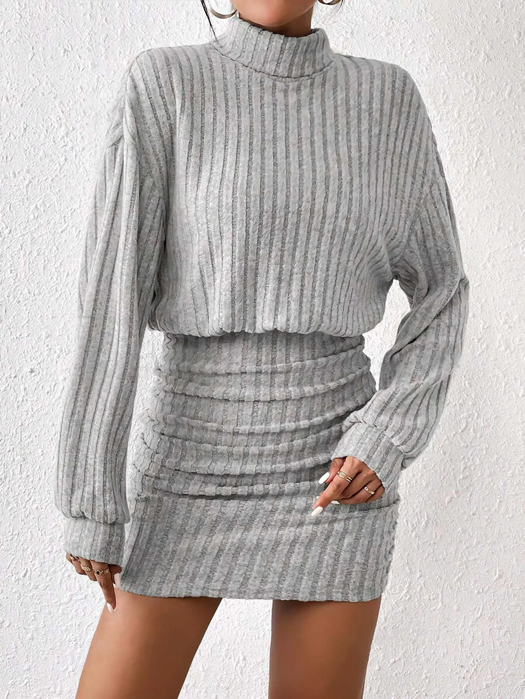 Women's Autumn Winter Fashion High Neck Knitted Sweater Dress Female Casual Solid Loose Long Sleeve Warm Mid Length Dresses