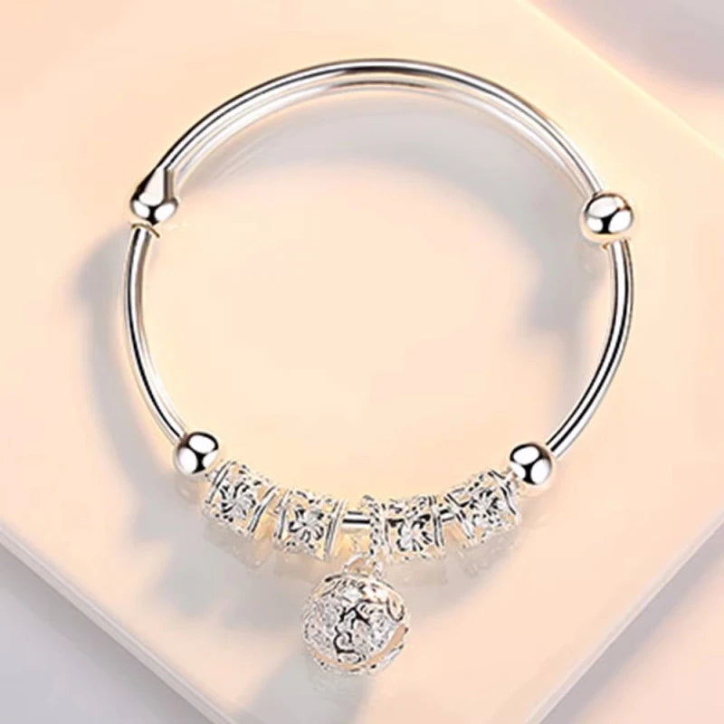 Fine 925 Sterling Silver Hollow Bells Ball Bangles Adjustable Bracelets for Women Fashion Holiday Gifts Party Wedding Jewelry