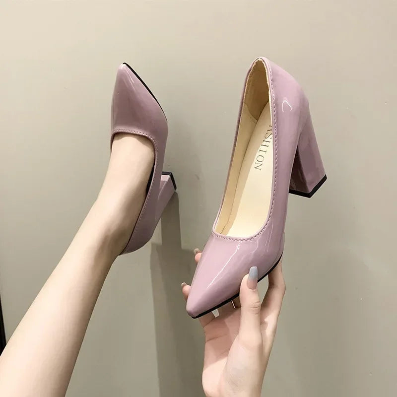 Square Heels Pumps Women Shoes Patent Leather Sexy Wedding Party Official Leisure Super Big Szie 2024
