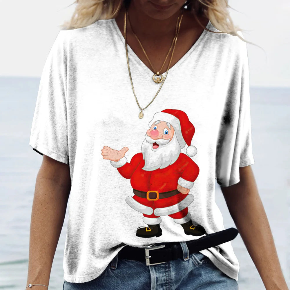 Merry Christmas Women's Short sleeved V-neck T-shirt Christmas Tree Santa Claus Letter Print Simple Trendy Trend Women Clothing