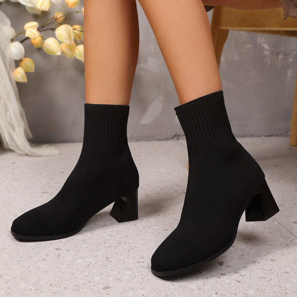 Women Boots Pointed Toe Slip on Mid-Calf Boots Spring Autumn Knitted Socks Boots Women High Heels Plus Size Fashion Shoes Women