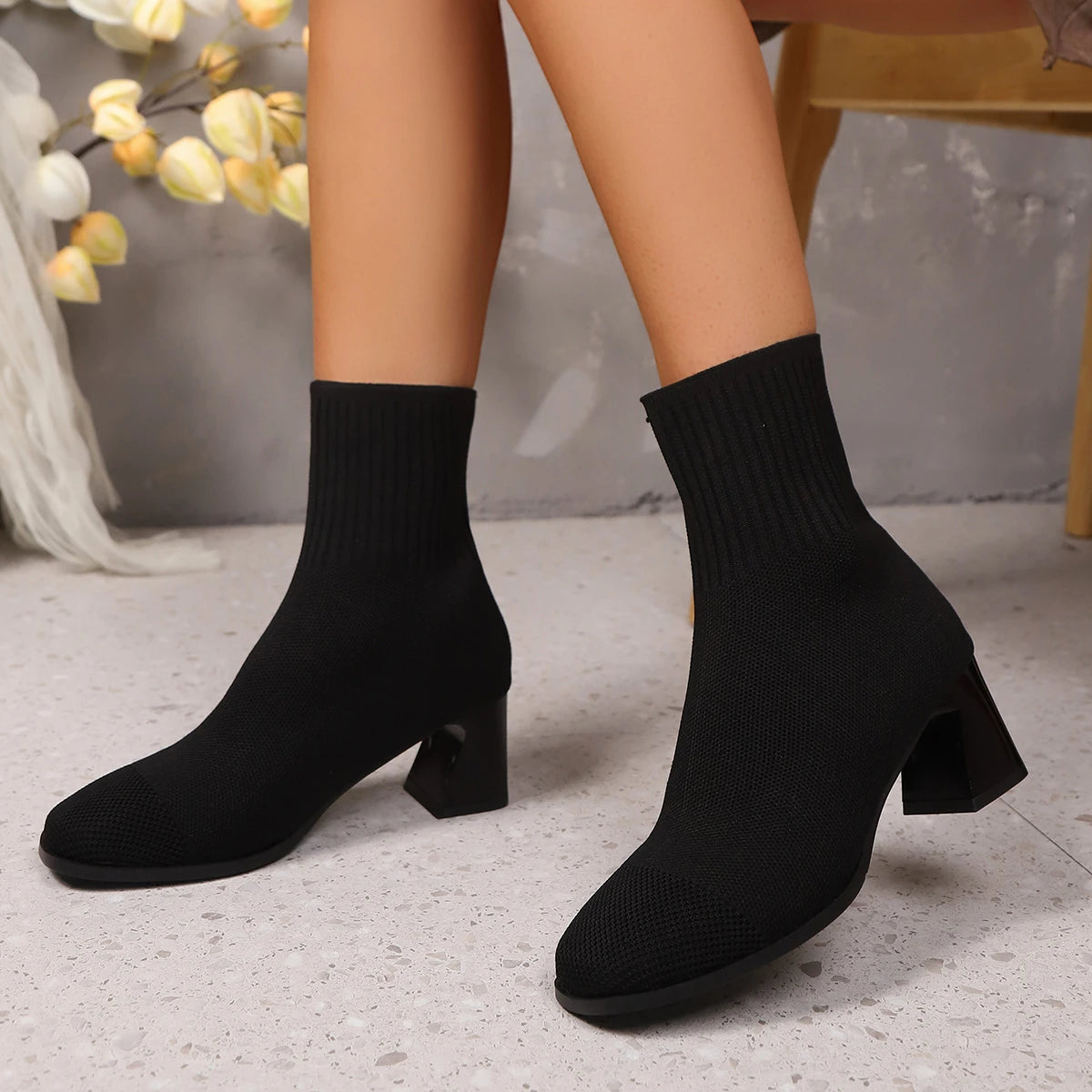 Women Boots Pointed Toe Slip on Mid-Calf Boots Spring Autumn Knitted Socks Boots Women High Heels Plus Size Fashion Shoes Women