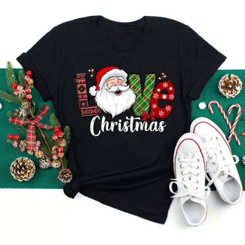 Funny Love Merry Christmas women's Clothes Santa Print Female T-shirts Black red white Casual Women Tops Xmas Party women's Tops