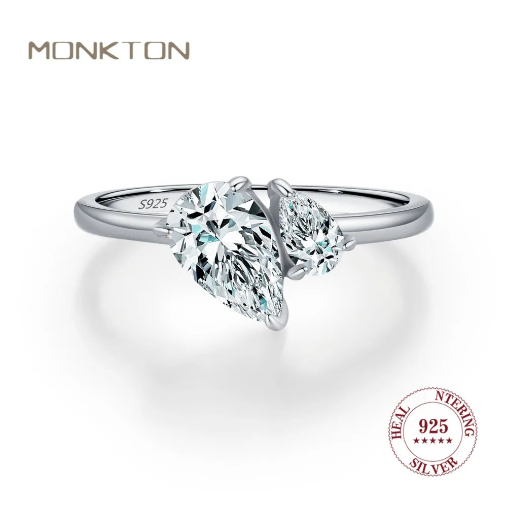 Monkton Genuine S925 Sterling Silver Two Stone Water Drop Rings For Women Dazzling Design Pear Shape CZ Finger Ring Fine Jewelry
