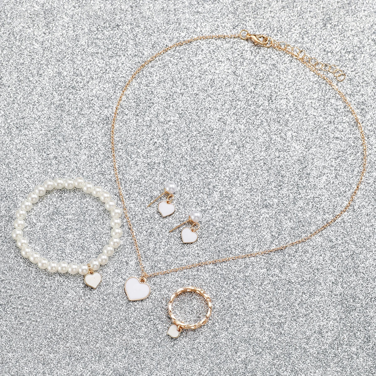 6PCS/Set Women's Watch Fashion Roma Dial Quartz Watch Casual Leather Band Wristwatches Pearls Heart Jewelry Set（Without Box）