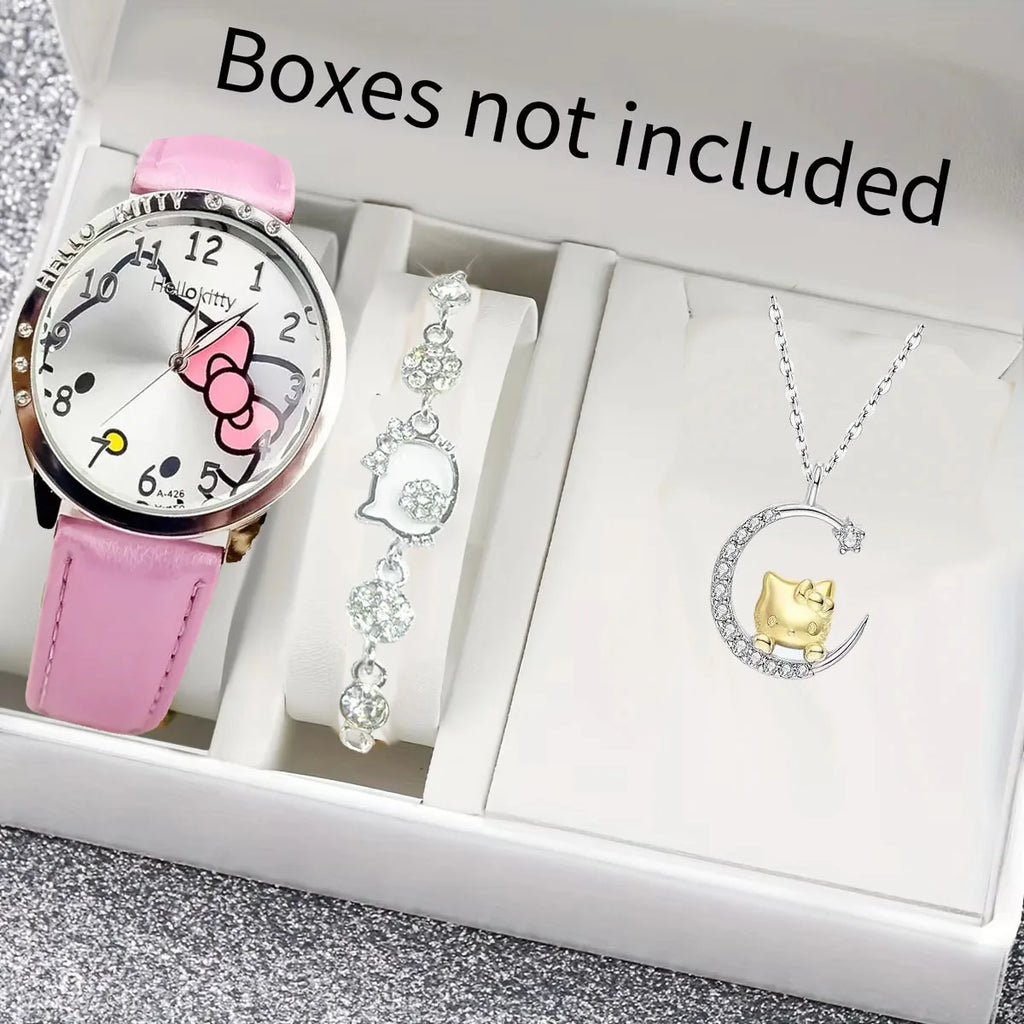 3pcs/set Hello Kitty Quartz Watch Women Children Waterproof Kawaii lady Fashion WristWatch Hello Kitty Bracelet and Necklace