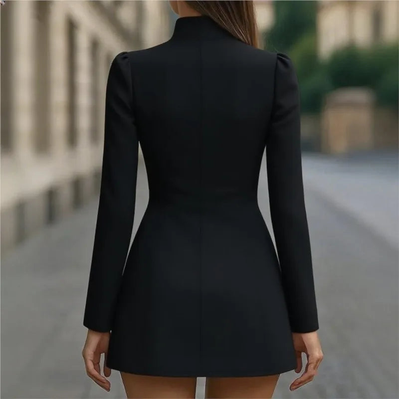 Temperament stand collar single breasted waist cinched long sleeved dress Spring Autumn womens fashionable commuting short skirt