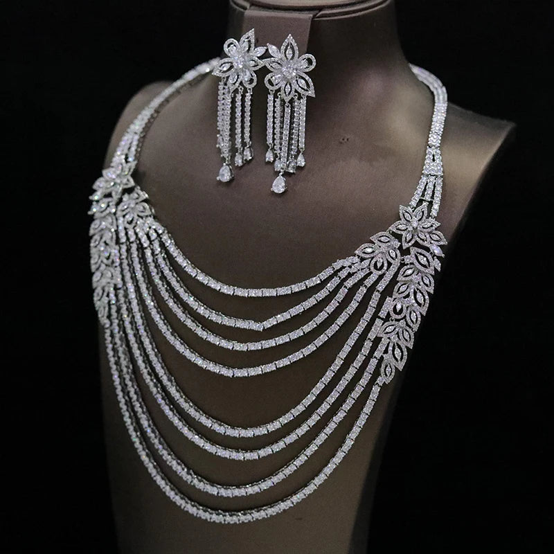 Luxurious 8-layer pendant Long Tassel Jewelry Sets Exaggerated Ladies Dubai Nigeria Crystal Necklace Party Wedding Accessories