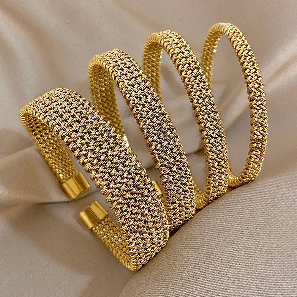 Vintage Golden Stainless Steel Weave Bracelet for Women Men Trendy 5 7 10 14mm Size Chunky Bangle Bracelets Waterproof Jewelry