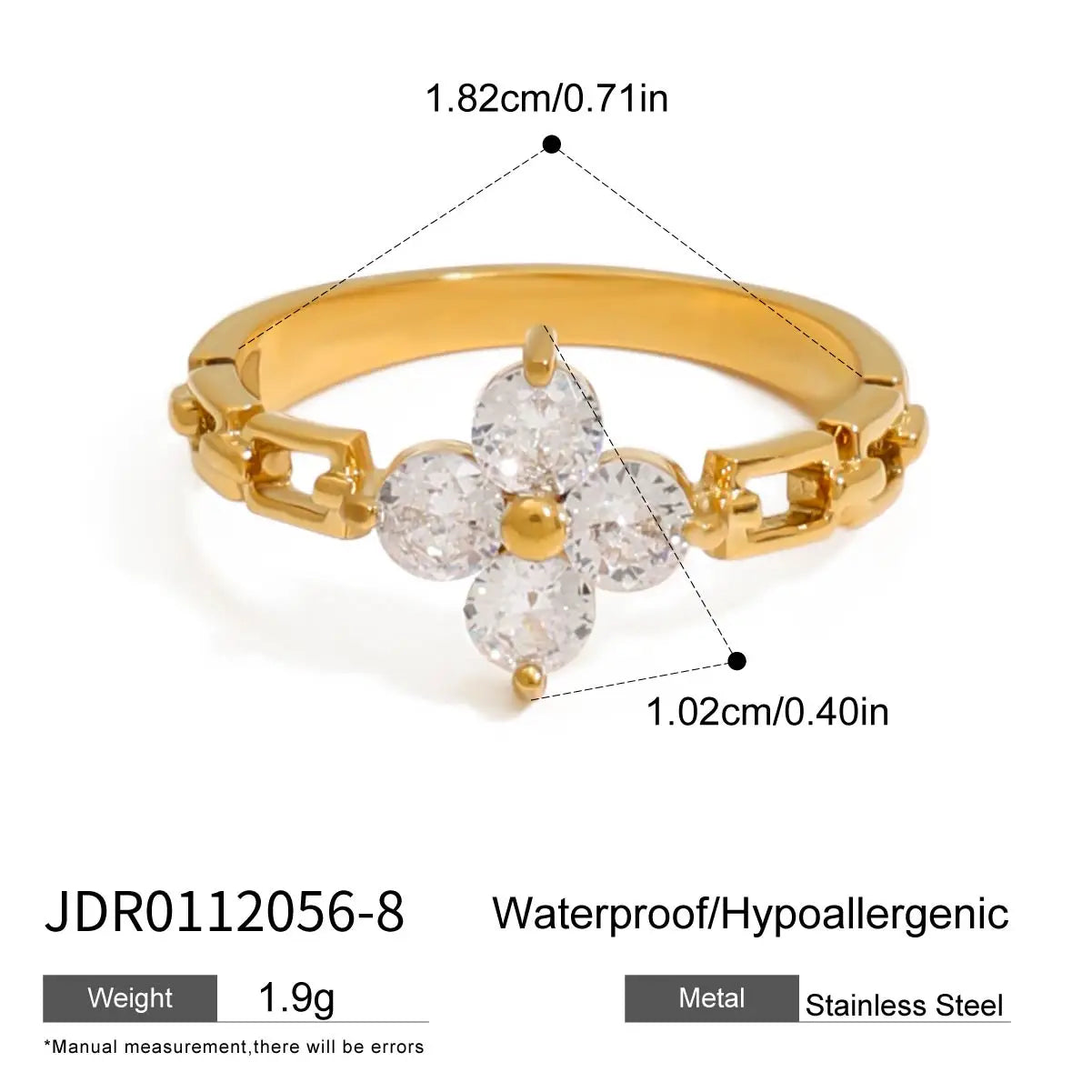 Uworld Minimalist 18K Gold Color Plated Stainless Steel Geometric Zircon Flower Ring Stackable Texture Ring Women's Jewelry