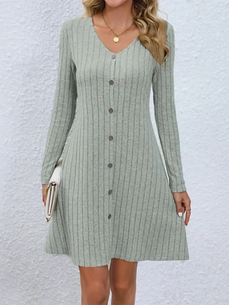Women's V-Neck Button Dress Monochromatic A-line Casual Comfortable Spring Autumn Trend
