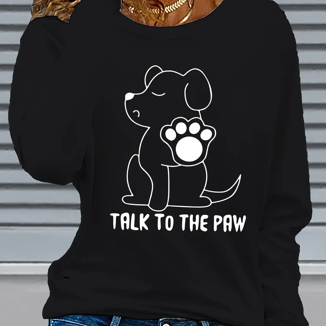 Women's Spring and Autumn 100% Cotton Fashion Casual Loose Fun Dog Pattern Printed Round Neck Long Sleeve T-shirt Top