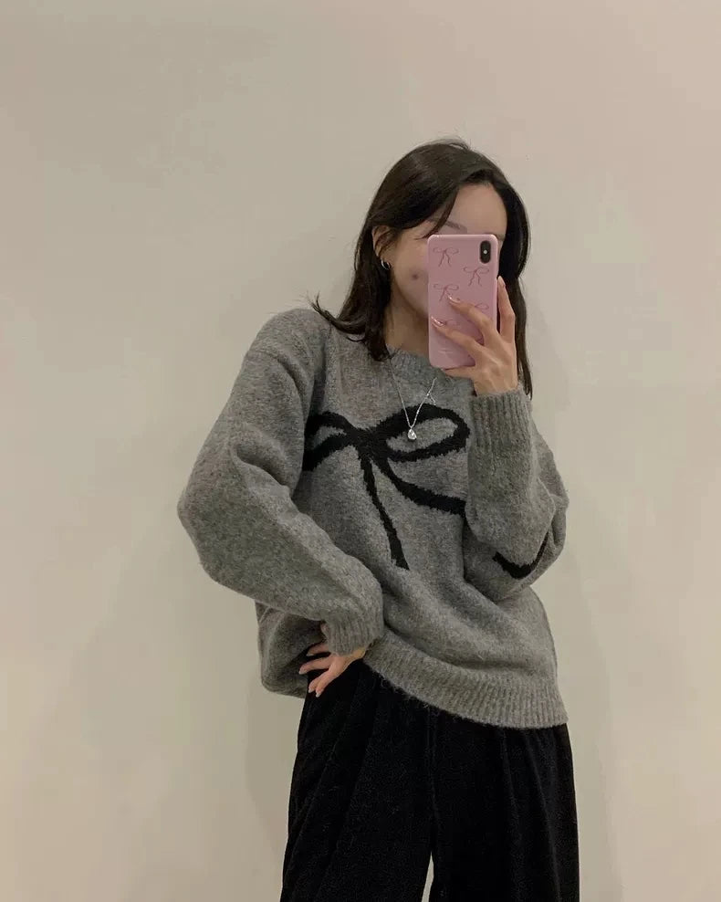 O-neck Long Sleeve Bow Tie Pattern Sweet Pullover Sweater Autumn Women Knitted Top Loose Elegant Fashion Winter Casual Knitwear
