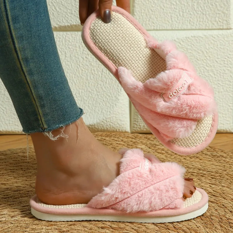 Women Soft Warm Slippers Adult Indoor Floor Breathable Plush Slides Four Season Females Cute Non-Slip Home Sandals Couples Shoes