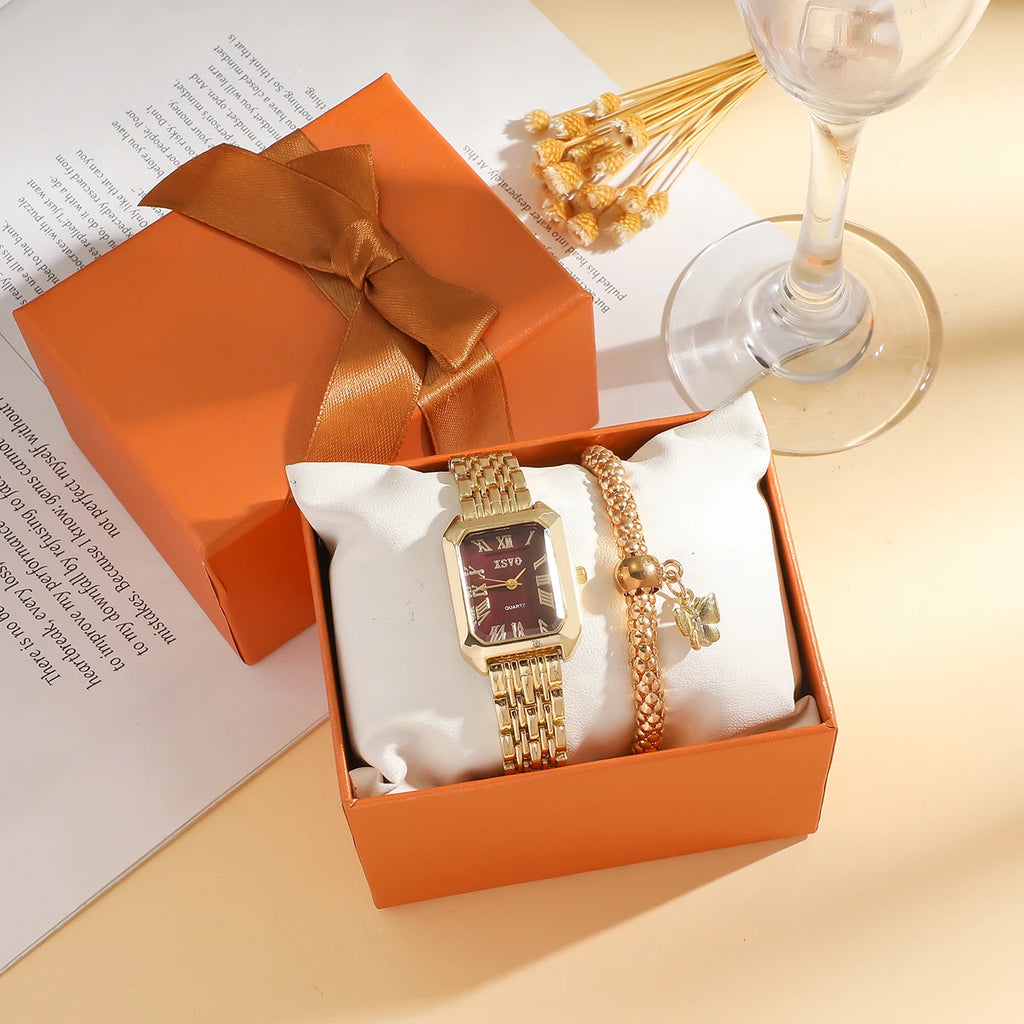 Business lady watch with bracelet set; no gift box; red square quartz dial; suitable for festivals and birthdays