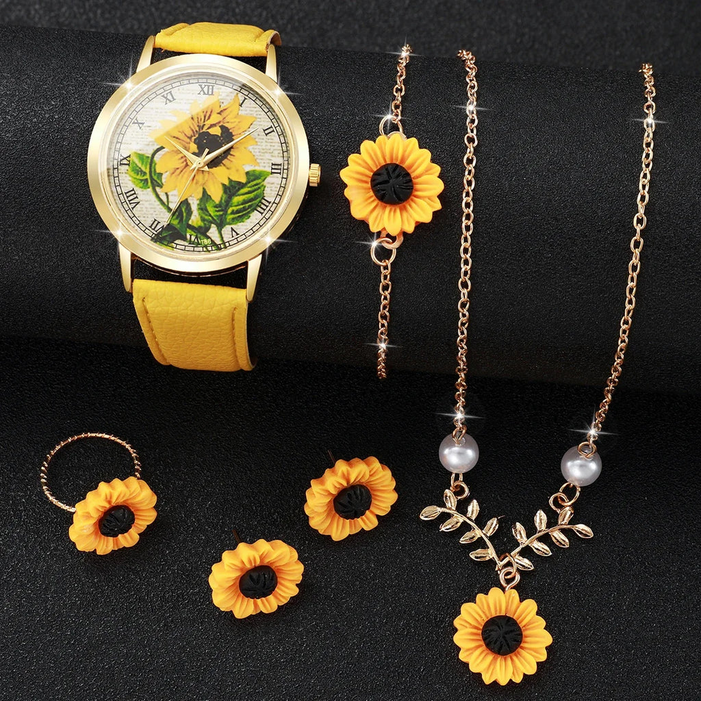 2/6PCS Fashion Flower Dial Women Watches Leather Strap Quartz Watch Daisy Jewelry Set Reloj Mujer (Without Box)