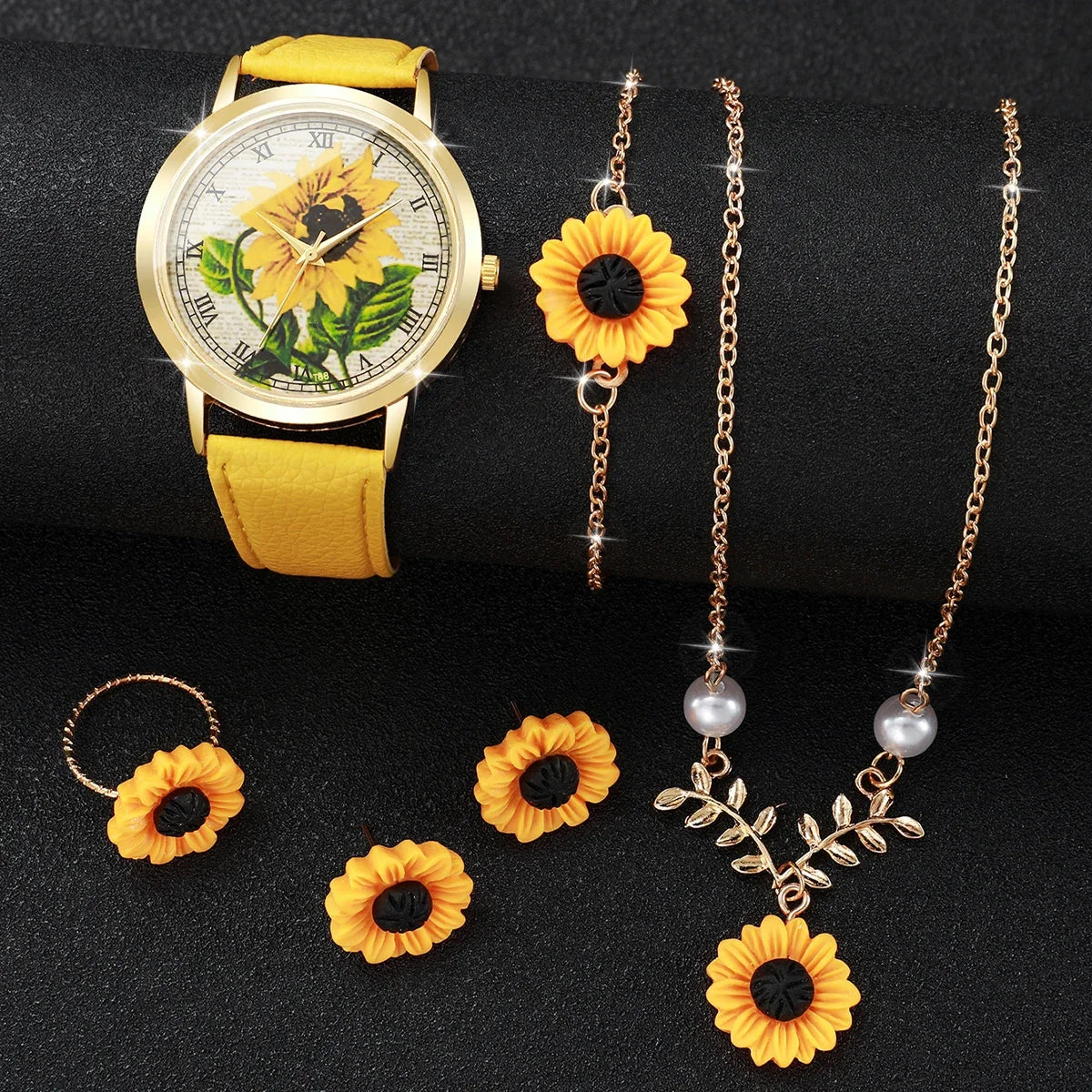 2/6PCS Fashion Flower Dial Women Watches Leather Strap Quartz Watch Daisy Jewelry Set Reloj Mujer (Without Box)