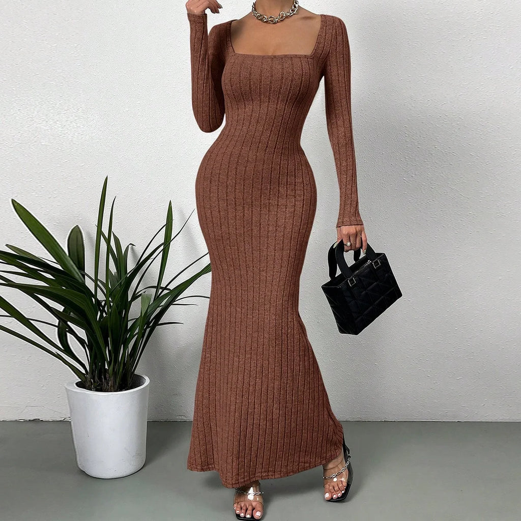Women's Sexy Square Neck Mid-Length Knitted Dress Slim Fit Retro Long-Sleeved Wrap Hip Robe for Fall