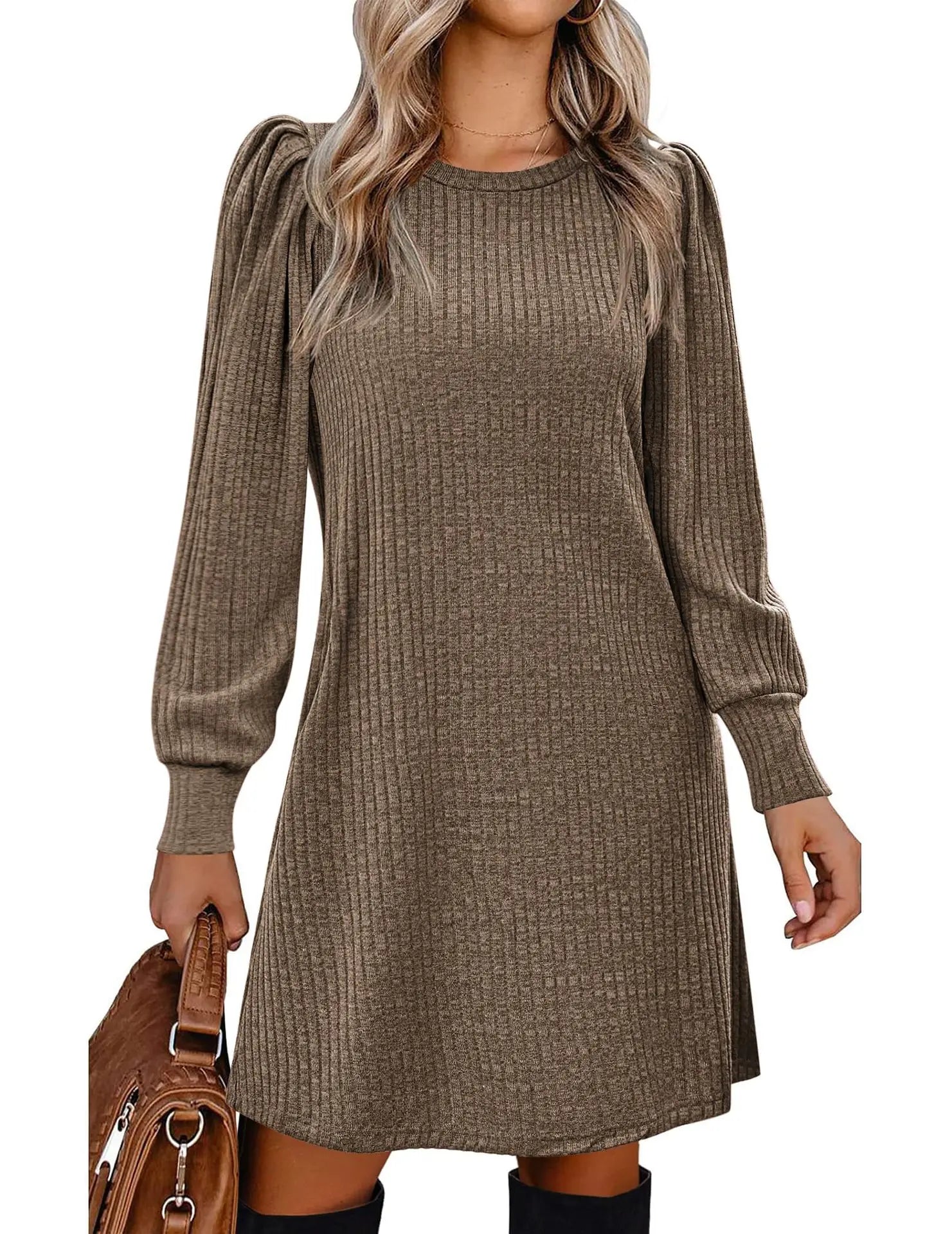 Y2K autumn and winter women's crew neck solid color sweater bubble sleeve fashion commuter dress comfortable casual loose dress