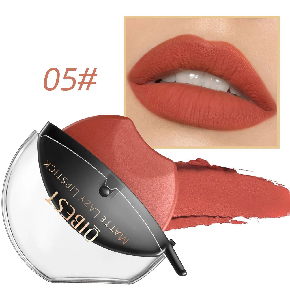QIBEST Lip-shaped Lipstick Makeup Lazy Lipstick Velvet Matte Moisturizing Lip Gloss Waterproof Non-stick Cup Long Lasting Makeup