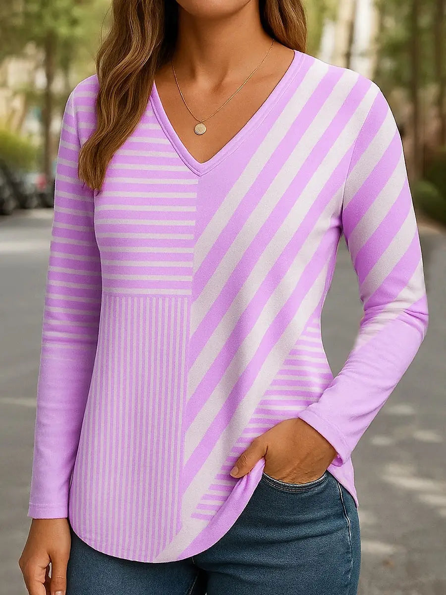 2025 Women's T-Shirt Graphic Geometric Striped Elegant Fashion Tee Long Sleeve T-shirts V-Neck Regular Tops Pullover Fall Winter
