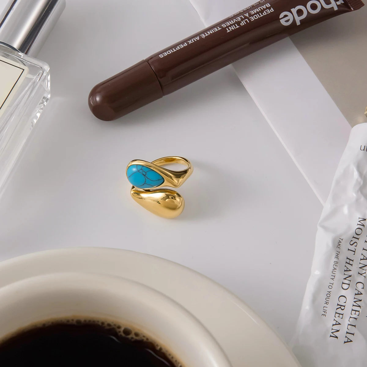 Uworld Vintage Fashion 18K Gold Color Plated Blue Turquoise Asymmetric Open Rings Waterproof Stainless Steel Women Jewelry Party
