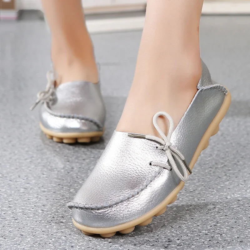 Moccasins Women Flats  Autumn New Woman Loafers Genuine Leather Female Shoes Slip on Ballet Bowtie Women's Shoes Big Size