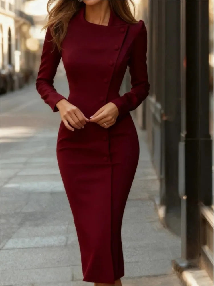 Fashion OL Styleslim Dress For Women 2025 Autumn Winter Long Sleeve Bodycon Asymmetrical Single Breasted Maxi Dresses Elegant