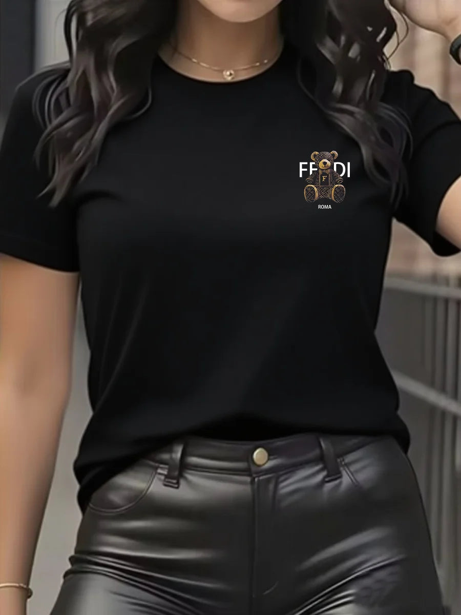 summer Graphic T-Shirt Short Sleeve Crew Neck with Soft Comfortable Spring Women's Light Blue Casual Teddy Bear